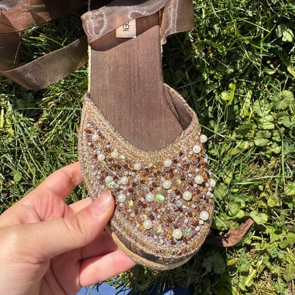 Steve Madden Women's 8.5 Bommbay Brown Beaded Ribbon Tie Espadrilles Y2K - Picture 3 of 5